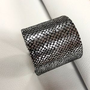 Stylish Cuff Bracelet/Metallic Silver/ Black Faux Suede Exotic Print Detail